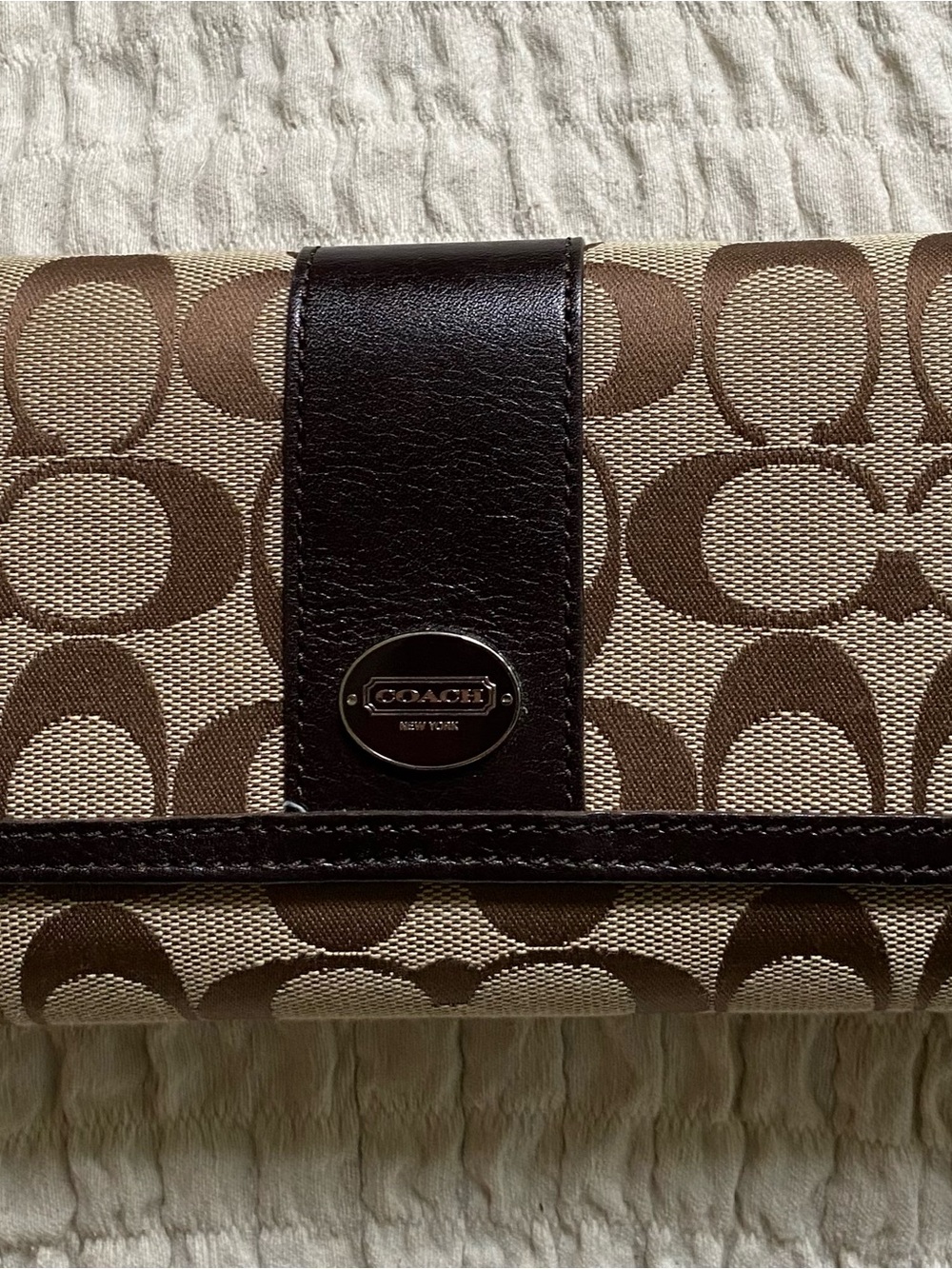 Coach Brown Signature Canvas Continental Wallet with Dark Brown Trim